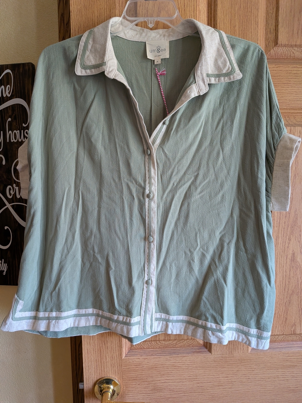 Umgee Light Sage Green Button Front Top with White Trim